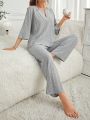 Women'S Notched Collar Knit Stripe Pajama Set