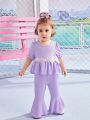 2pcs Baby Girl Spring/Summer Outfit Purple Bow-Knot Round Neck Top And Pants