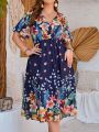 EMERY ROSE Women's Plus Size Floral Printed Ruffle Sleeve Dress