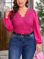 SHEIN Clasi Plus Size Women'S Lace Patchwork Lantern Sleeve Rose Red T-Shirt