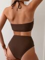 SHEIN Swim Vcay Women'S Solid Color Halter Neck Separated Swimsuit