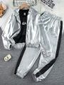 SHEIN Kids Nujoom Tween Girls Iridescent Silver Jacket, Black Tank Top & Silver Cuffed Pants 3pcs Suit