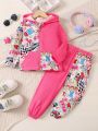 Young Girl Letter & Cartoon Graphic Hooded Jacket & Sweatpants