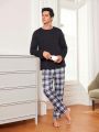 Men's Solid Color Top & Plaid Pattern Long Pants Homewear Set