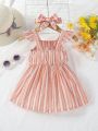 SHEIN Baby Girls' Casual Retro Elegant Striped Fabric Bowknot Decorated Dress For Holiday And Going Out