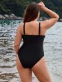 SHEIN Swim Basics Women'S Plus Size Solid Color Cross Back One Piece Cami Swimsuit