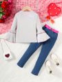 SHEIN Kids CHARMNG Toddler Girls' Printed Top With Flare Sleeves And Long Denim Jeans Two Piece Outfit For Spring & Autumn