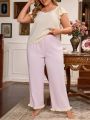 Plus Size Lace Trim Color Block Top And Mushrooms Hem Long Pants Pyjamas Set