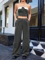 SHEIN Qutie Contrast Fold Over Button Up Bandeau Top And Pants Set