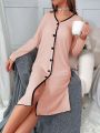 Contrast Binding Button Front Lettuce Trim Robe