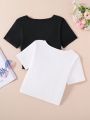 2pcs Teenage Girls' Casual Short Cropped Multicolor T-shirts