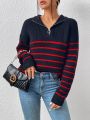 Striped Drop Shoulder Zipper Front Sweater