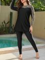 SHEIN Swim Mulvari Plus Size Women's Geometric Pattern Printed Long Sleeve Long Pants Swimsuit Set