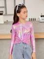 SHEIN Kids Y2Kool Big Girl Sweet Casual Fit Colorful Round Neck Long Sleeves