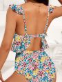 SHEIN Ditsy Floral Print Ruffle Trim One Piece Swimsuit