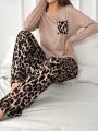 Women'S Leopard Print Long Sleeve T-Shirt And Long Pants Pajama Set