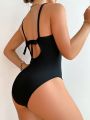 SHEIN DD+ Ladies' Backless One-Piece Swimsuit With Knot Detail