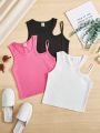 SHEIN Kids HYPEME Tween Girls' Sports Street Style Knitted Solid Color Sleeveless Vest, 3pcs/set