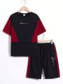 SHEIN Kids EVRYDAY Teenage Boys' Casual Street Knit 2pcs/Set Letter Print Round Neck Pullover T-Shirt And Shorts With Color Blocked Design