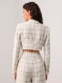 TSS Plaid Pattern Raw Trim Crop Tweed Blazer