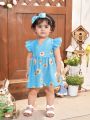 SHEIN Baby Girl Summer Holiday Flower Pattern Flutter Sleeve Dress With Headband Set