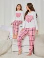 Tween Girl 1pc Cartoon Printed Long Sleeve T-Shirt And 1pc Plaid Patterned Pants Pajama Set For Mommy And Me Matching Outfits