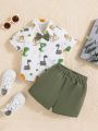 SHEIN Baby Boys' Cartoon Animal Pattern Shirt Collar Casual Top, Pure Color Shorts And Bow Tie 3pcs Set