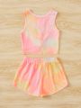 SHEIN Kids EVRYDAY Girls Tie Dye Twist Hem Tank Top & Shorts