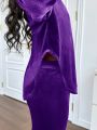 SHEIN Kids Cooltwn Teenage Girls' Fashion Party Solid Color Velvet Hooded Long Sleeve Outfit