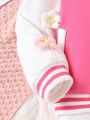 Young Girl Letter Graphic Floral Patched Striped Trim Varsity Jacket