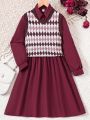 Girls' Two-piece Set, Small Collared Dress & Diamond Knit Vest