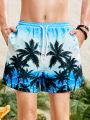 SHEIN Teenage Boys Coconut Tree Printed Casual Vacation Style Swimming Trunks