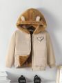 SHEIN Baby Girls' Casual Heart Print Fleece Hooded Jacket With 3d Ear Design