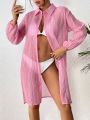 SHEIN Swim Vcay Solid Button Front Longline Kimono