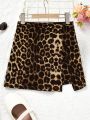 SHEIN Kids Y2Kool Big Girls' Everyday Chic Knit Leopard Print Short Shorts