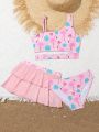 Girls' 3pcs/set Swimsuit With Separated Top And Random Print Bottoms, Skirted With Ruffle Edge And Overlocking