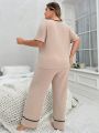 Plus Size Solid Color Top And Pants Homewear Set