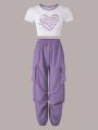 SHEIN Teen Girls Heart & Letter Graphic Tee & Flap Pocket Cargo Pants