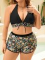 SHEIN Swim Classy Plus Size Floral Print Knot Front Bikini Set 3 Piece Set