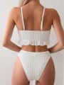 SHEIN Swim Basics Women'S Ruffle Trimmed Twist-Front Floral Knit Bikini Swimsuit Set