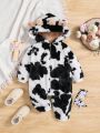 SHEIN Baby Girl Cow Pattern 3D Ear Design Hooded Teddy Jumpsuit