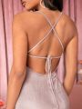 Mienne Tie Backless Split Thigh Metallic Dress