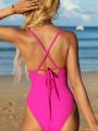 SHEIN Swim Chicsea Solid Color Backless One-piece Swimsuit With Spaghetti Straps