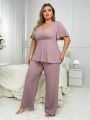 Plus Size Women's Lettuce Trim Short Sleeve Pajama Set