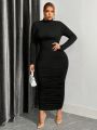 SHEIN SXY Plus Size Sexy Ruched Long Sleeve Turtleneck Bodycon Dress