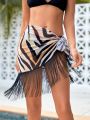 SHEIN Swim BohoFeel Women's Color-block Fringed Cover-up With Tie-up Waist