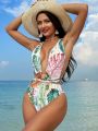 SHEIN Swim Vcay Tropical Print Cross Back One Piece Swimsuit With Open Back