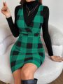 SHEIN Privé Buffalo Plaid Overall Dress Without Sweater