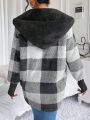 SHEIN Frenchy Buffalo Plaid Pattern Drop Shoulder Hooded Teddy Coat