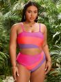 SHEIN Swim Vcay Plus Size Women's Color Block Waist Cut Out Swimwear Set